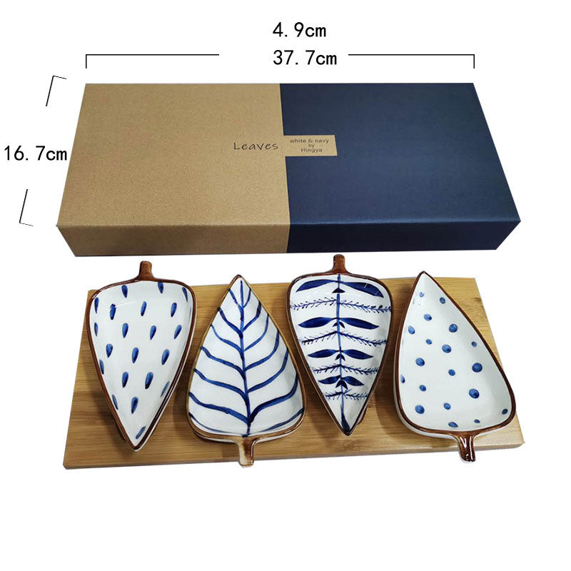 Hand Painted Ceramic Leaf Dishes With Wooden Tray
