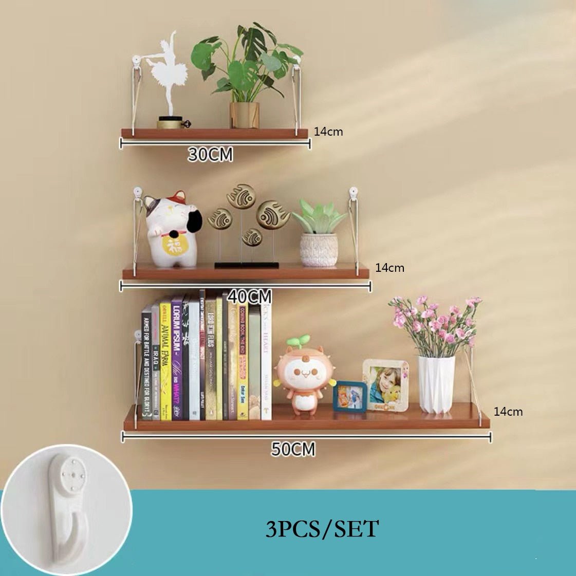 3 Piece Set of Wooden Hanging Shelves - High Street Cottage