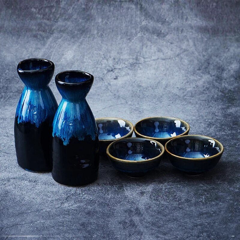 Blue Japanese Sake Sets - 5 pieces - High Street Cottage