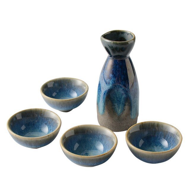 Blue Japanese Sake Sets - 5 pieces - High Street Cottage
