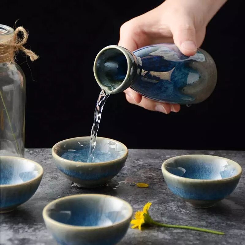 Blue Japanese Sake Sets - 5 pieces - High Street Cottage