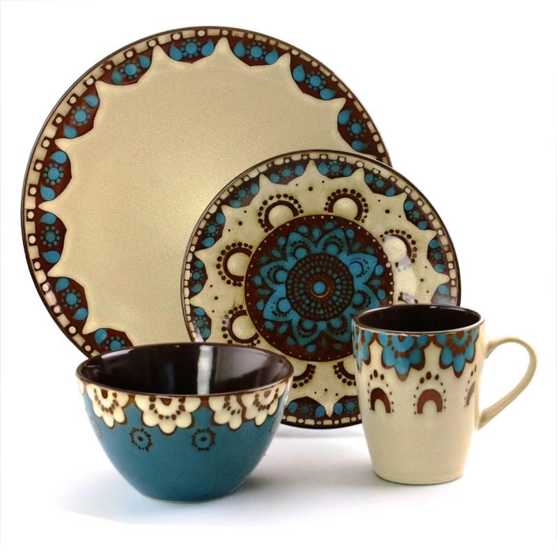 Boho Mandala Dinnerware Set in Tan and Blue - High Street Cottage