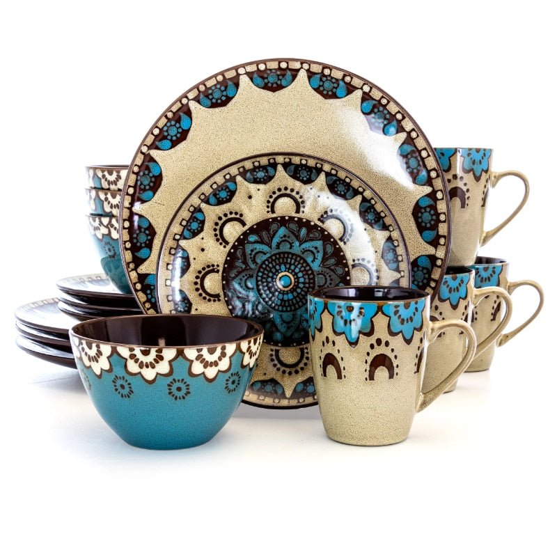 Boho Mandala Dinnerware Set in Tan and Blue - High Street Cottage