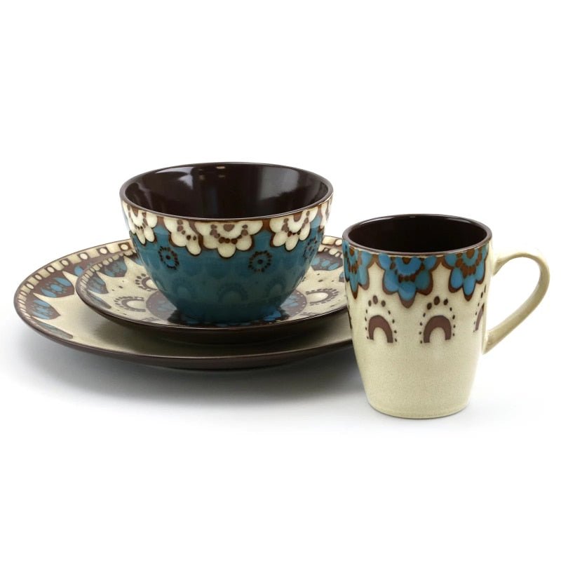 Boho Mandala Dinnerware Set in Tan and Blue - High Street Cottage
