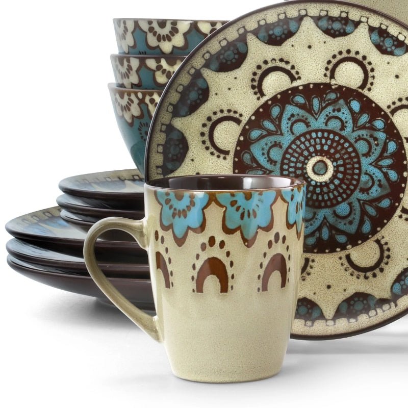 Boho Mandala Dinnerware Set in Tan and Blue - High Street Cottage