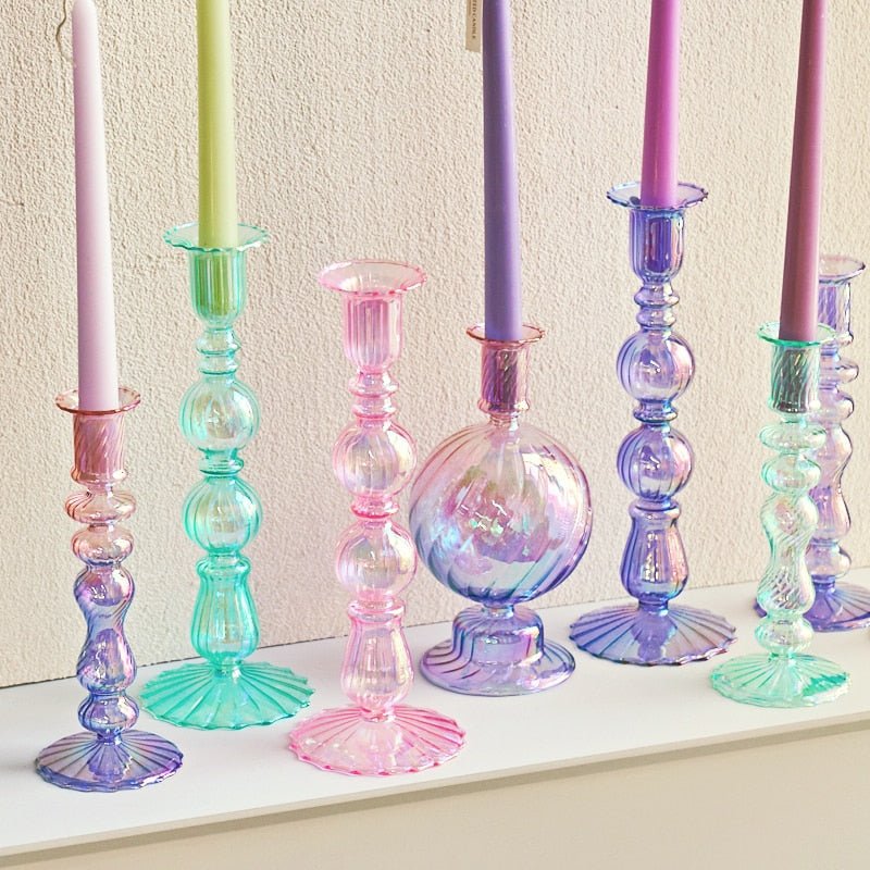 Bright Iridescent Glass Taper Candle Holders - High Street Cottage
