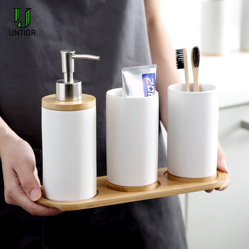 Ceramic and Bamboo Bathroom Accessory Set - High Street Cottage