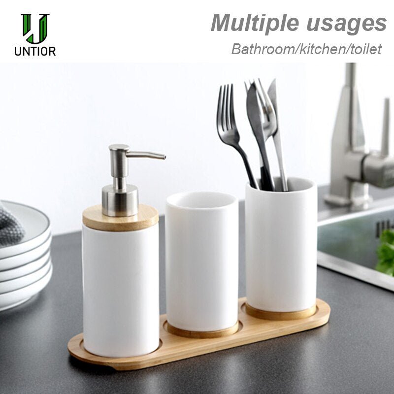 Ceramic and Bamboo Bathroom Accessory Set - High Street Cottage