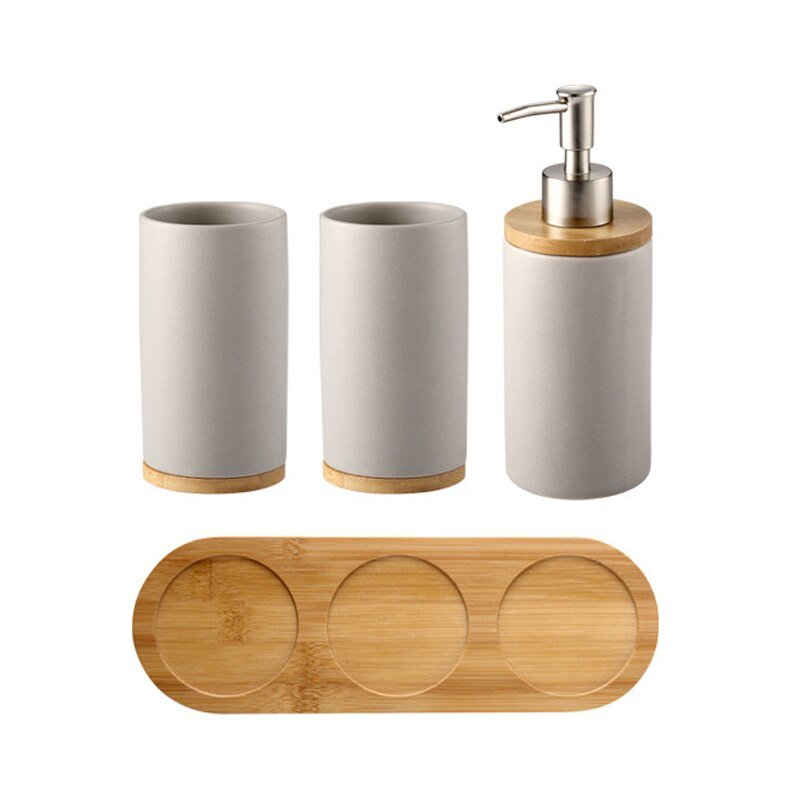 Ceramic and Bamboo Bathroom Accessory Set - High Street Cottage
