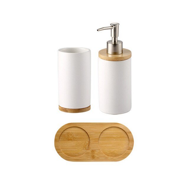 Ceramic and Bamboo Bathroom Accessory Set - High Street Cottage