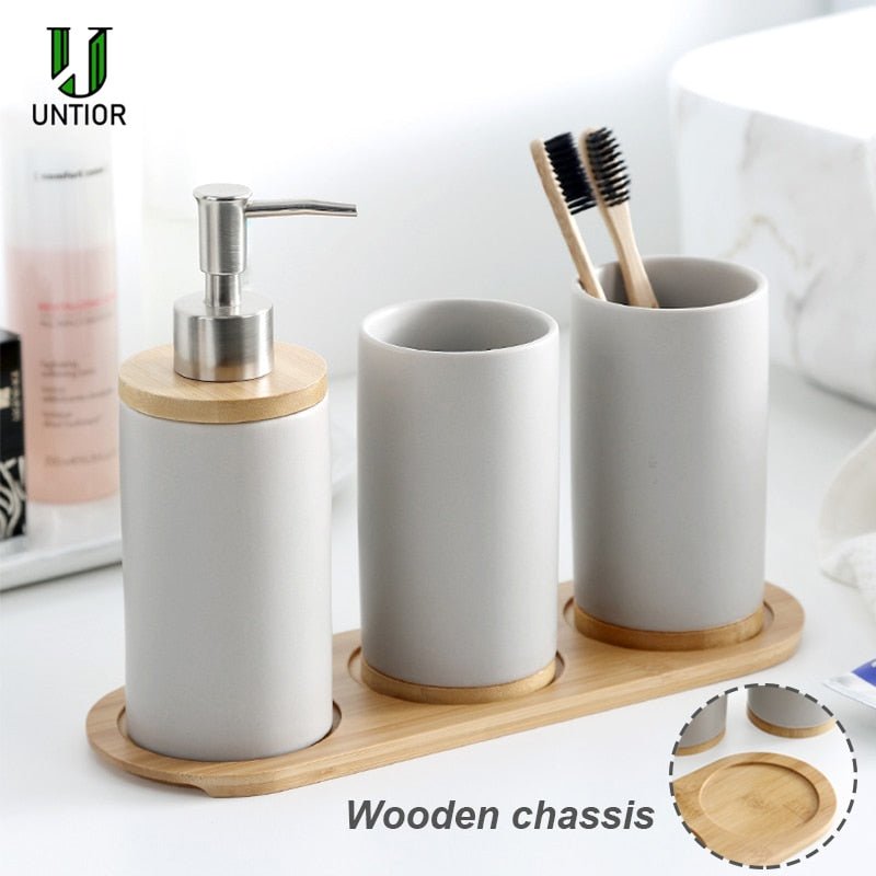 Ceramic and Bamboo Bathroom Accessory Set - High Street Cottage