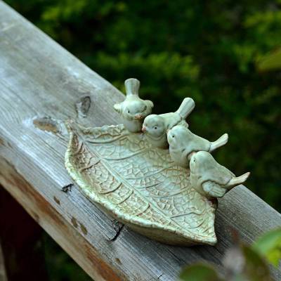 Ceramic Bird Feeder - Leaf Shaped with Songbirds - High Street Cottage