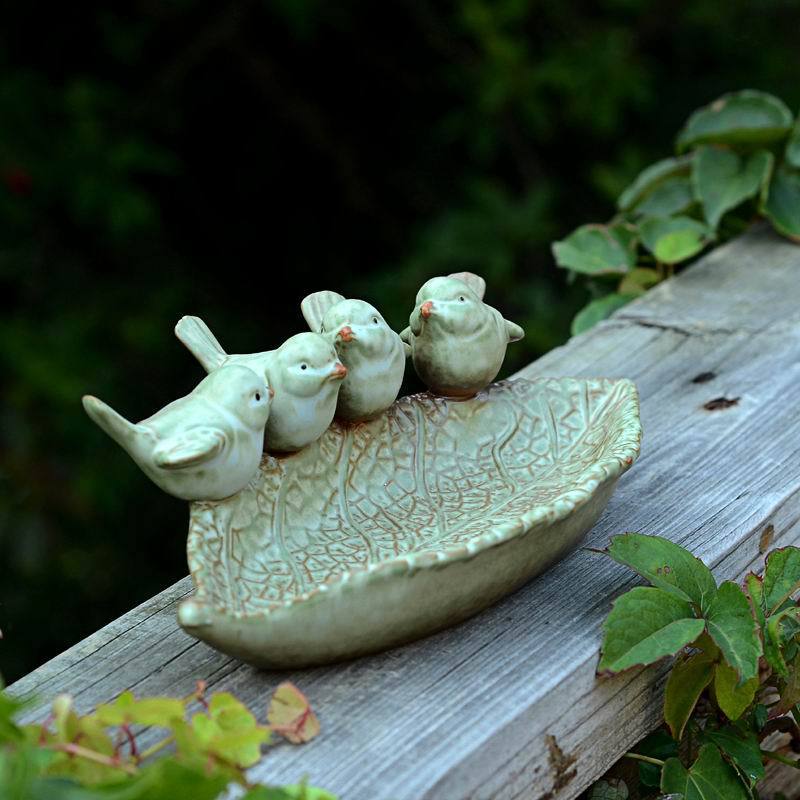 Ceramic Bird Feeder - Leaf Shaped with Songbirds - High Street Cottage