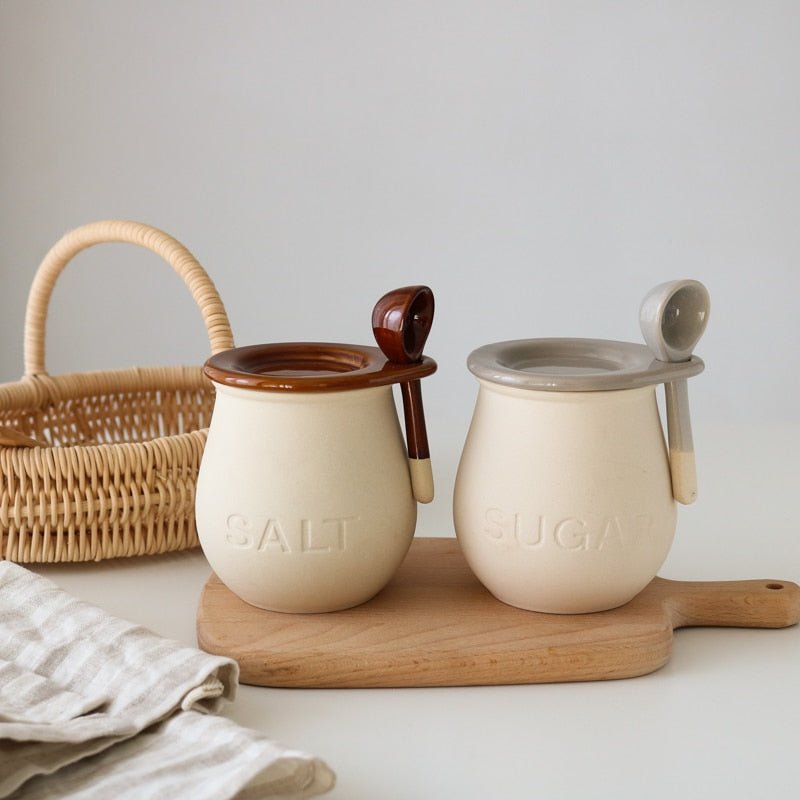 Ceramic Salt or Sugar Spice Jar with Spoon - High Street Cottage