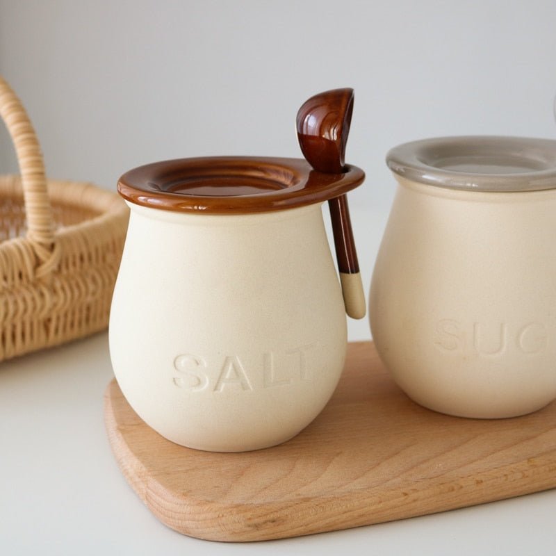 Ceramic Salt or Sugar Spice Jar with Spoon - High Street Cottage