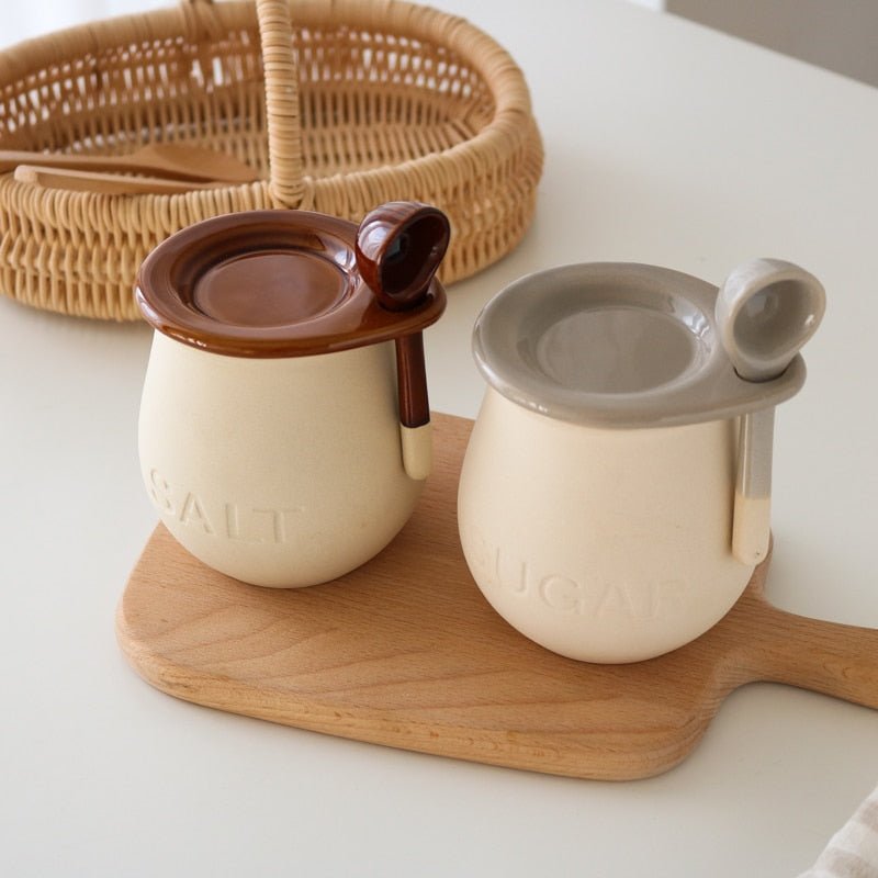 Ceramic Salt or Sugar Spice Jar with Spoon - High Street Cottage