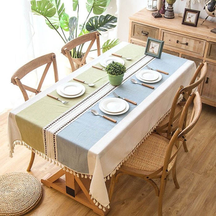 Decorative Striped Linen Tablecloth With Tassels (4 color options) - High Street Cottage