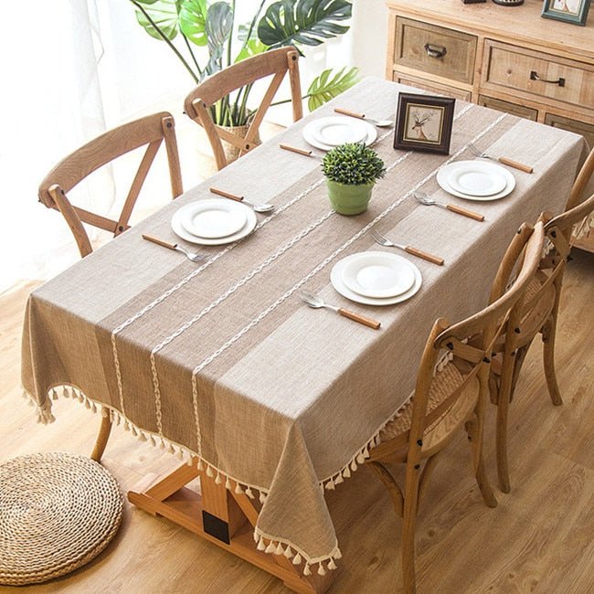 Decorative Striped Linen Tablecloth With Tassels (4 color options) - High Street Cottage