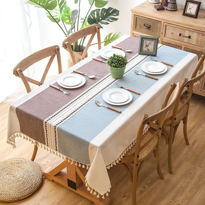 Decorative Striped Linen Tablecloth With Tassels (4 color options) - High Street Cottage