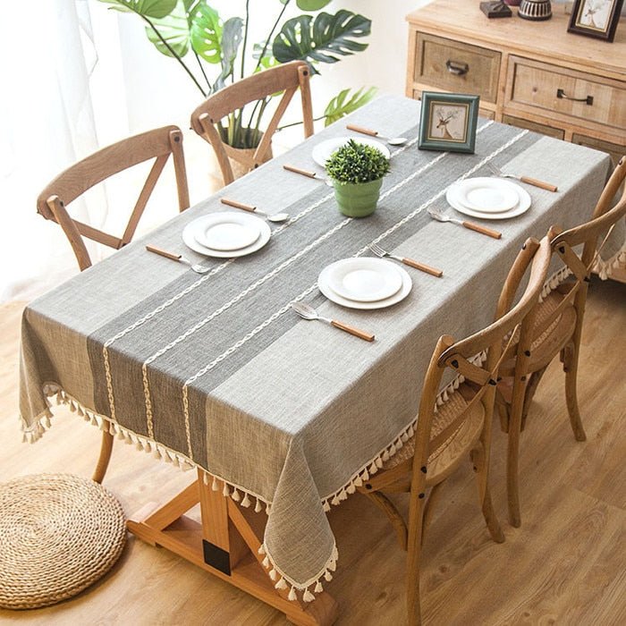 Decorative Striped Linen Tablecloth With Tassels (4 color options) - High Street Cottage