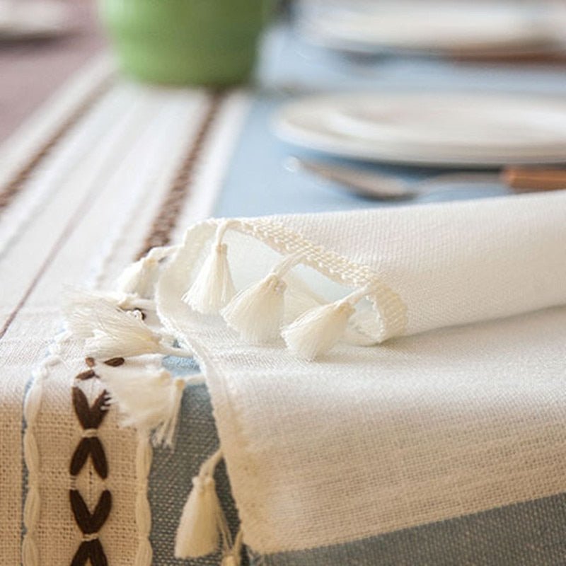 Decorative Striped Linen Tablecloth With Tassels (4 color options) - High Street Cottage