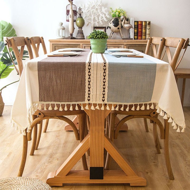 Decorative Striped Linen Tablecloth With Tassels (4 color options) - High Street Cottage