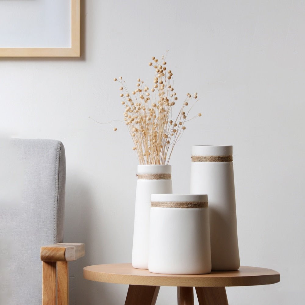 Minimalist White Vases with Jute Accents - High Street Cottage