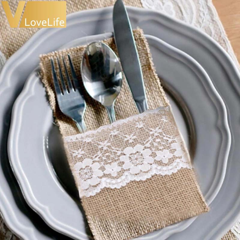 Natural Burlap Cutlery Holder with Lace Trim - High Street Cottage