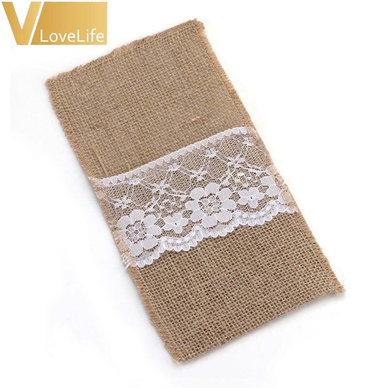 Natural Burlap Cutlery Holder with Lace Trim - High Street Cottage