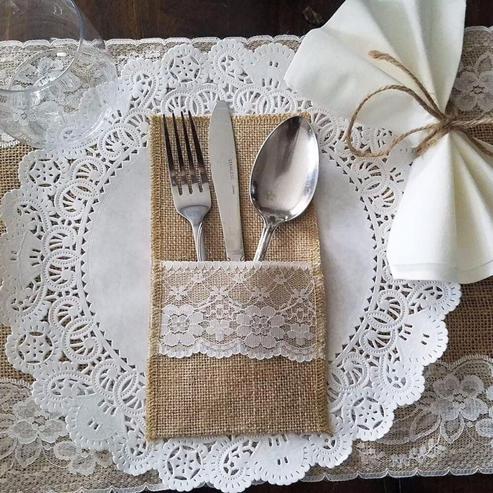 Natural Burlap Cutlery Holder with Lace Trim - High Street Cottage