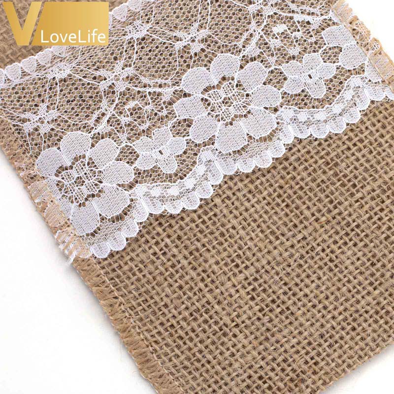 Natural Burlap Cutlery Holder with Lace Trim - High Street Cottage