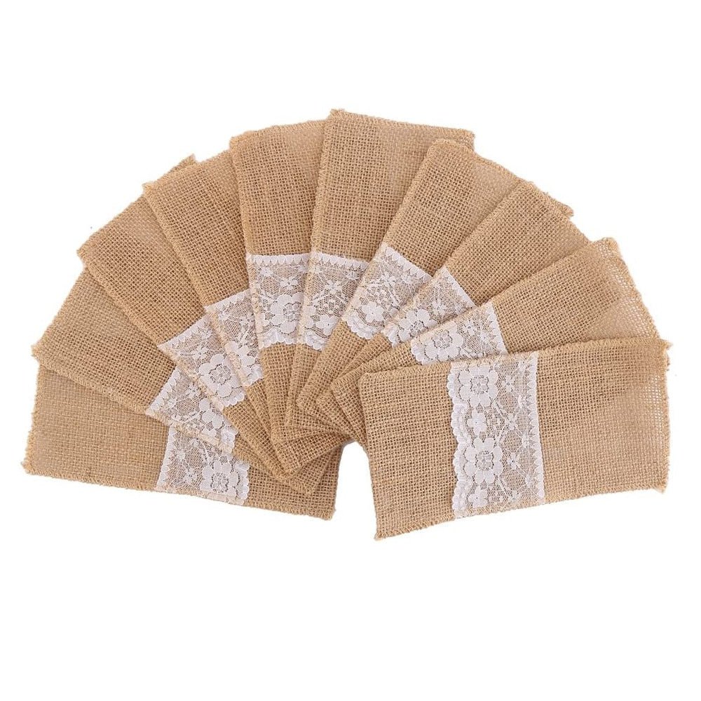 Natural Burlap Cutlery Holder with Lace Trim - High Street Cottage