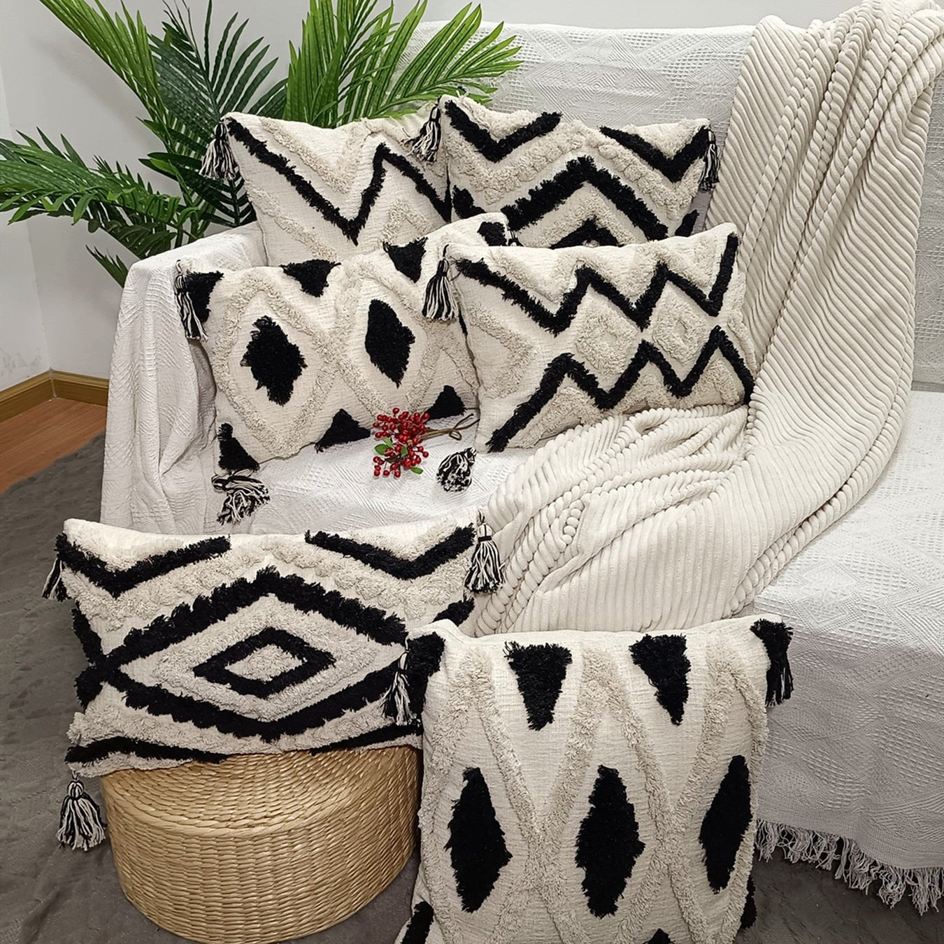 Textured Boho Pillow Covers in Black and Cream - High Street Cottage