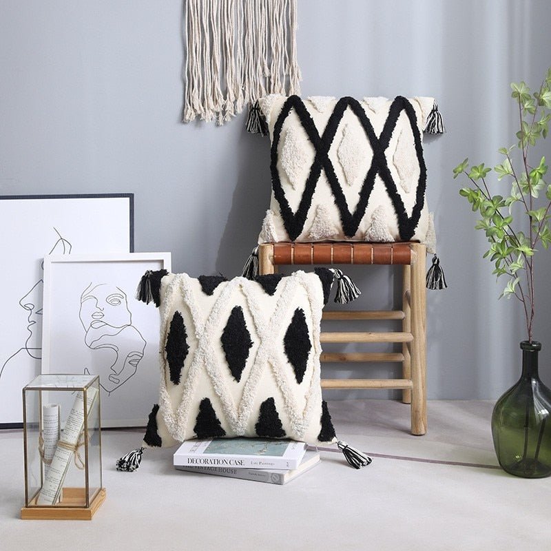 Textured Boho Pillow Covers in Black and Cream - High Street Cottage