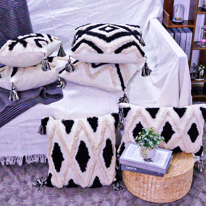 Textured Boho Pillow Covers in Black and Cream - High Street Cottage