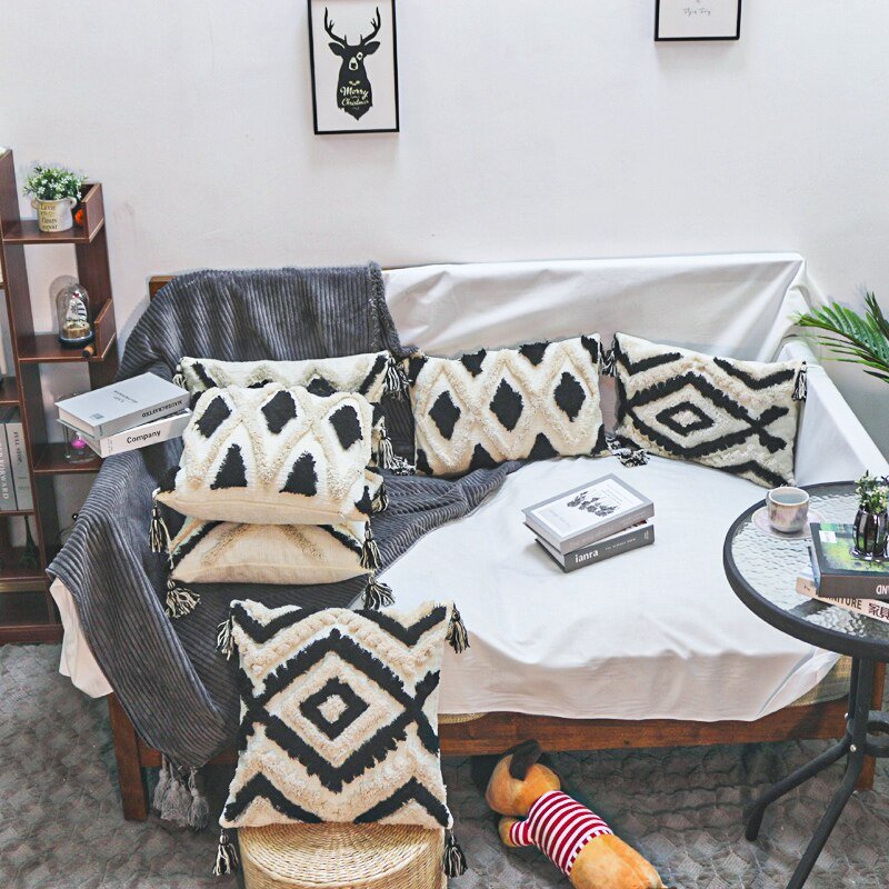 Textured Boho Pillow Covers in Black and Cream - High Street Cottage