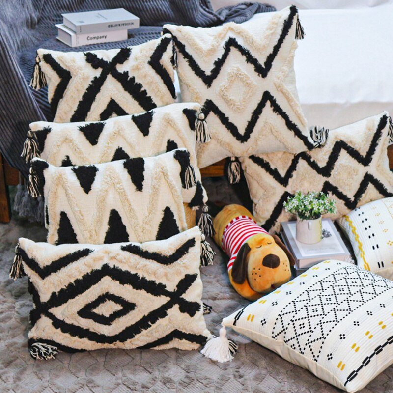 Textured Boho Pillow Covers in Black and Cream - High Street Cottage