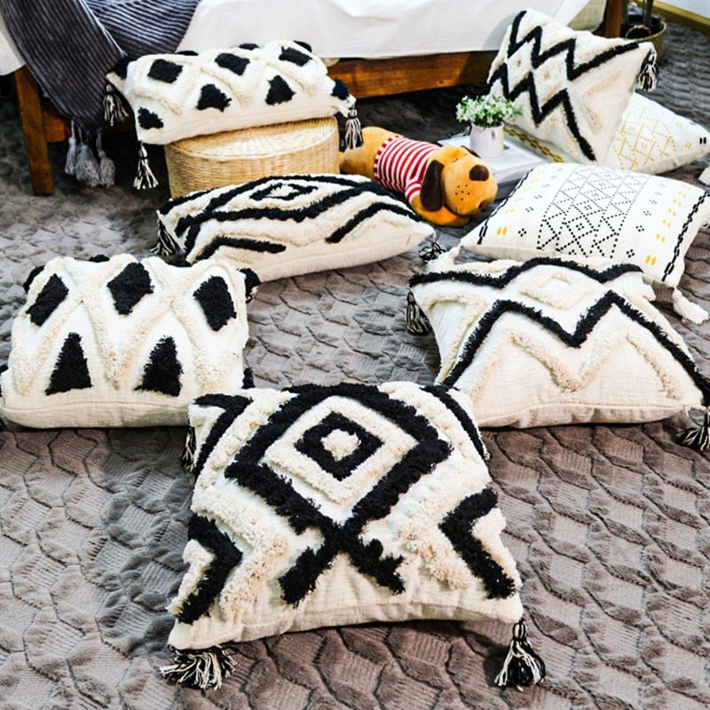 Textured Boho Pillow Covers in Black and Cream - High Street Cottage