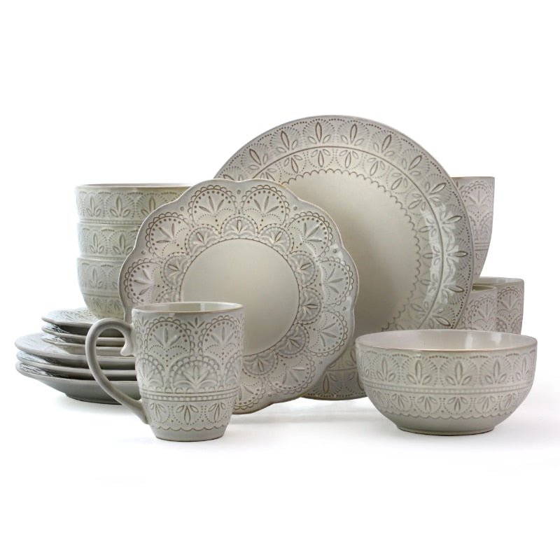 Vintage-Look Embossed Pattern Ivory Lace Dinnerware Set - High Street Cottage