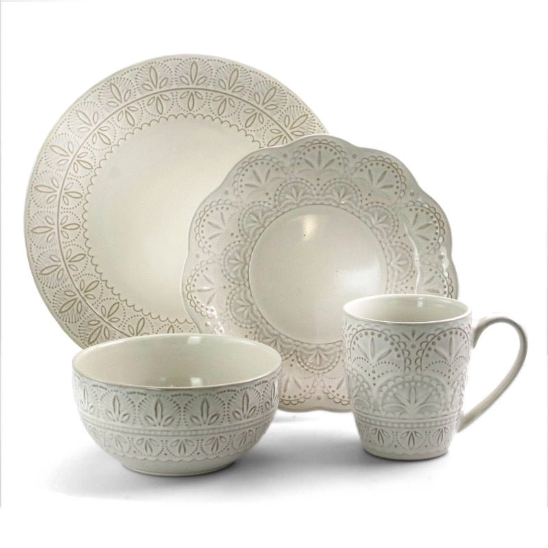 Vintage-Look Embossed Pattern Ivory Lace Dinnerware Set - High Street Cottage
