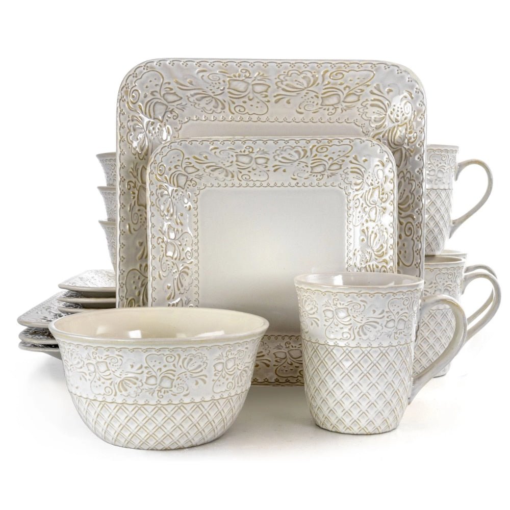 Vintage-Look Ivory Square Plate Dinnerware Set - High Street Cottage