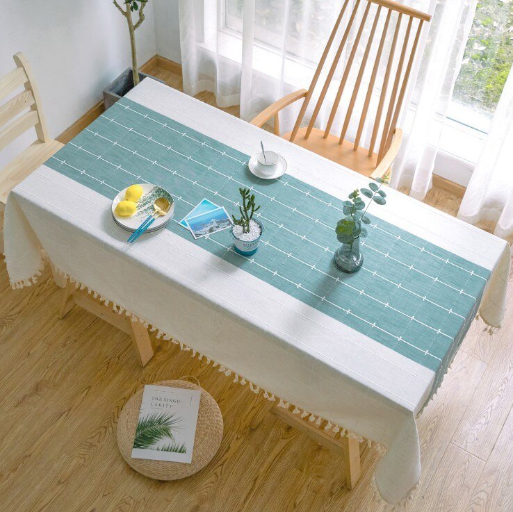 Aqua Stripes Linen Tablecloths with Tassel Detail - High Street Cottage