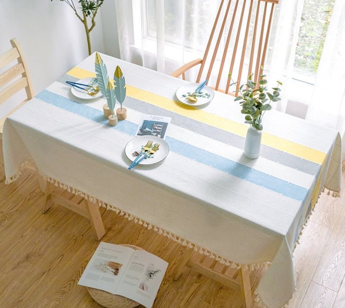 Aqua Stripes Linen Tablecloths with Tassel Detail - High Street Cottage