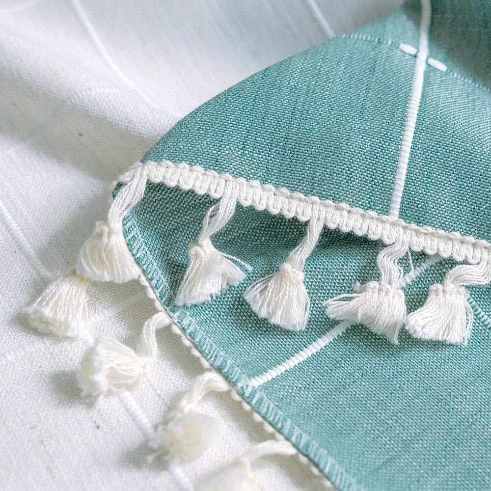 Aqua Stripes Linen Tablecloths with Tassel Detail - High Street Cottage