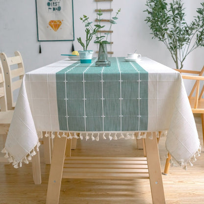 Aqua Stripes Linen Tablecloths with Tassel Detail - High Street Cottage