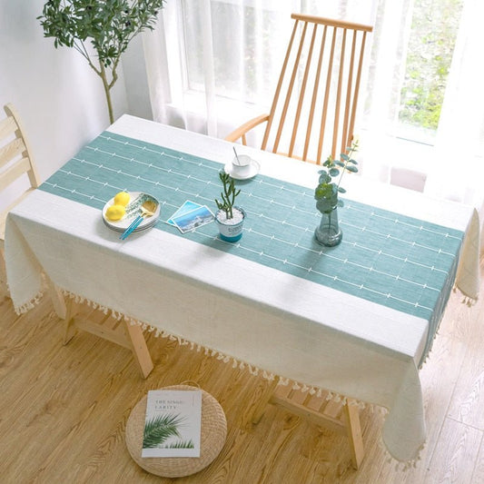 Aqua Stripes Linen Tablecloths with Tassel Detail - High Street Cottage