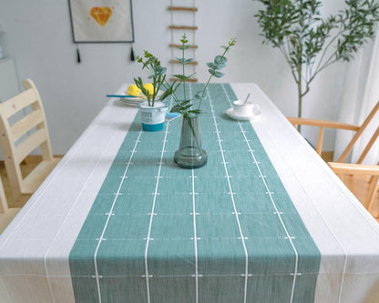 Aqua Stripes Linen Tablecloths with Tassel Detail - High Street Cottage