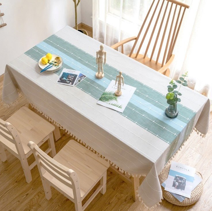 Aqua Stripes Linen Tablecloths with Tassel Detail - High Street Cottage