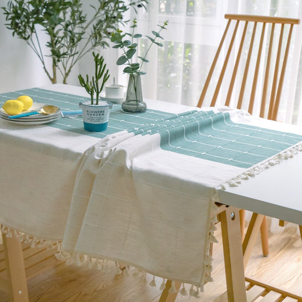 Aqua Stripes Linen Tablecloths with Tassel Detail - High Street Cottage