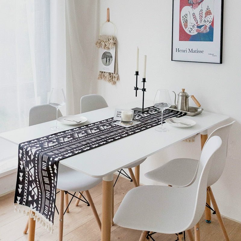 Black and White Boho Geometric Table Runner - High Street Cottage